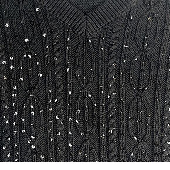 Quacker Factory Sweater Black Sequins Cable Knit V-Neck Size L Festive Holiday - Picture 3 of 8